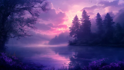 Mist laden conifer lake at magenta violet twilight glow