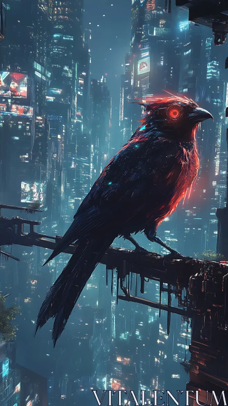Cybernetic bird silhouette against dense neon cityscape.