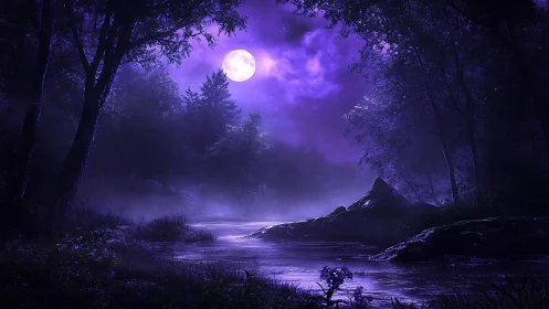 Moonlit forest river glows beneath a deep violet night sky