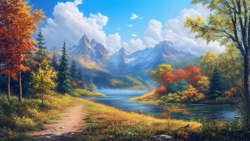 Autumn trail whispering toward crystal mountain waterscape.