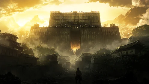 Lone figure faces colossal fortress in burning sunset.