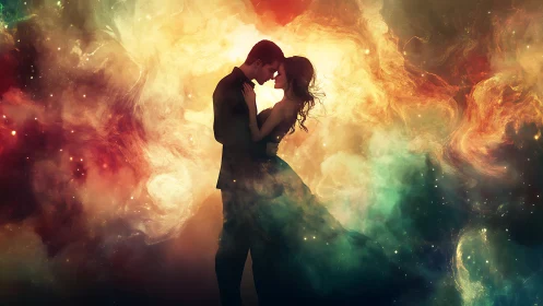 Silhouetted couple embracing within multi-spectral luminous cloud formations