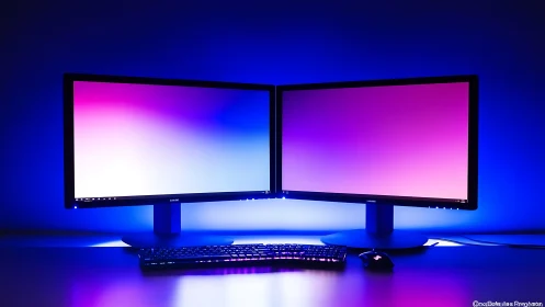 Dual desktop monitors display gradient backgrounds symmetrically