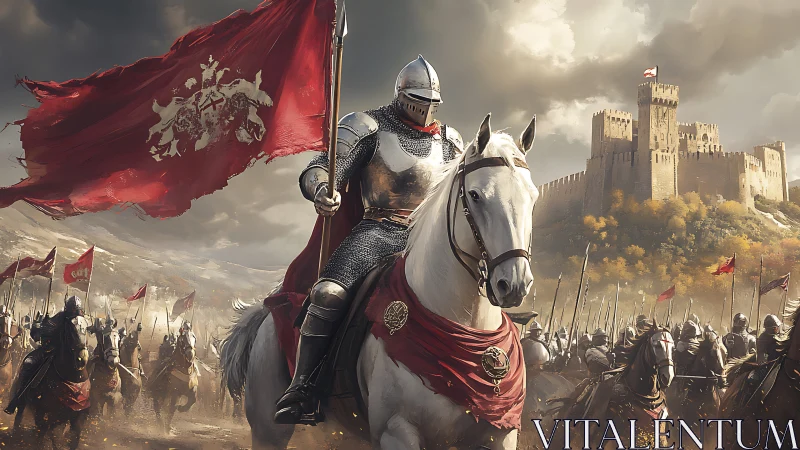 Armored knight leads cavalry charge toward fortified castle.