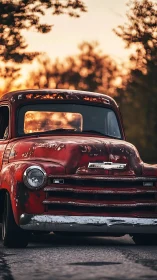 Weathered red Chevy pickup rests under warm sunset sky