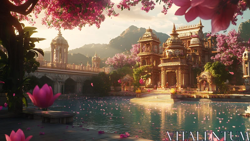 Temple complex by reflective water with pink flowering trees.