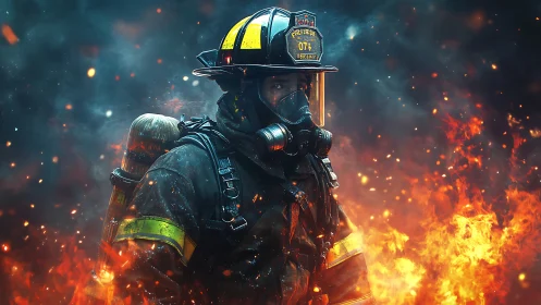 Firefighter Standing in Intense Flames and Smoke Battle