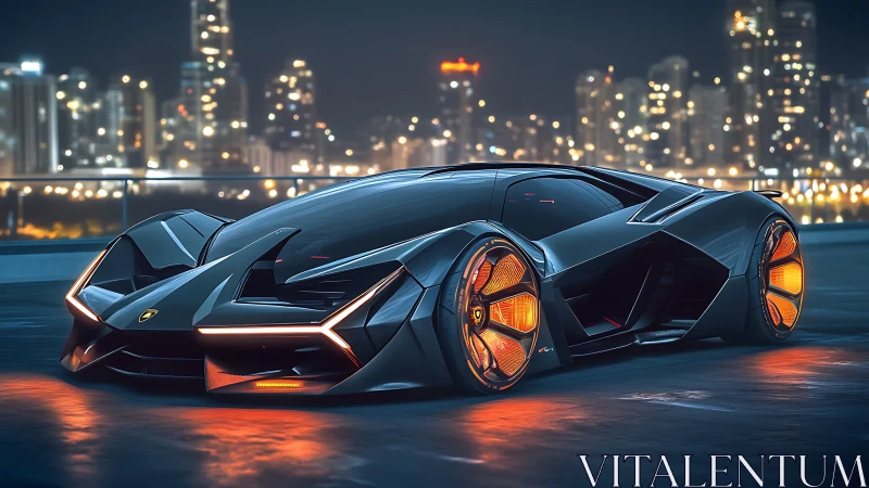 Futuristic hypercar with neon wheels on night city rooftop.