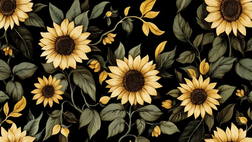 Golden Sunflowers on Black Background Pattern.