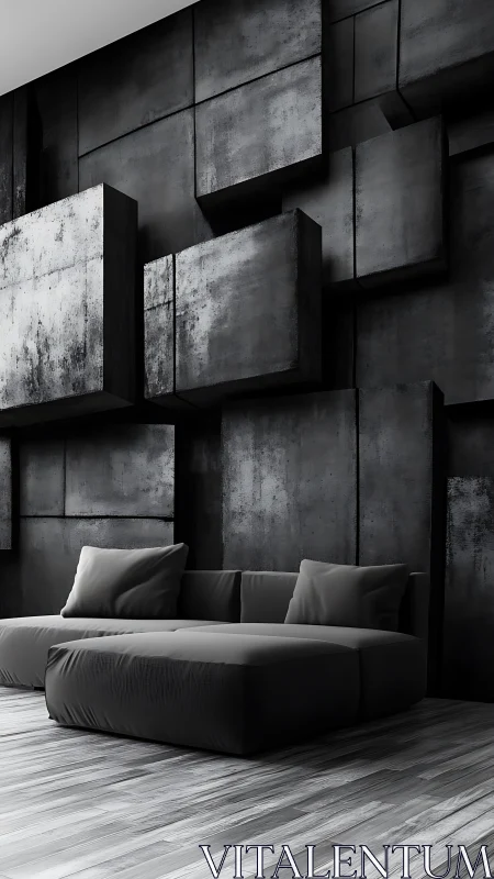 Monochromatic Interior with Modular Concrete Wall Paneling and Contemporary Seating