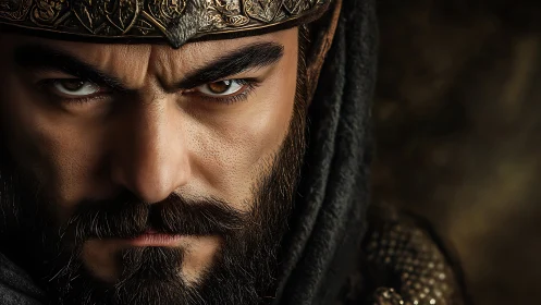 Intense bearded warrior portrait rendered in dramatic close-up