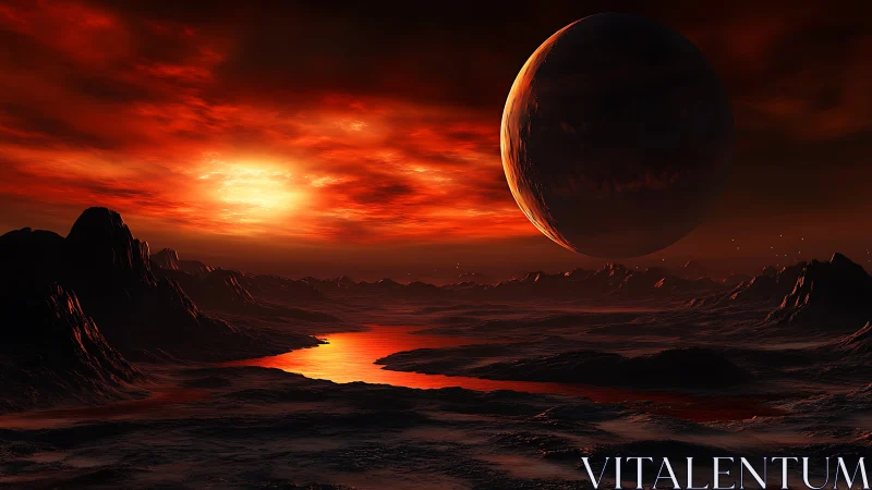 Blazing alien sky glows over a quiet molten valley world
