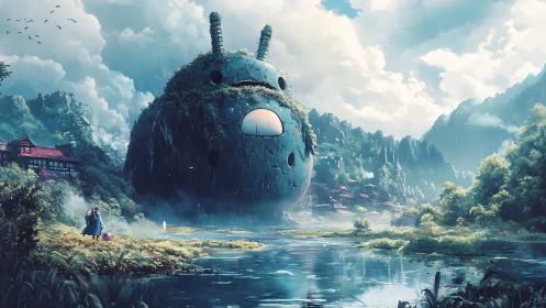 Giant mossy robot looms over rainy lakeside village landscape