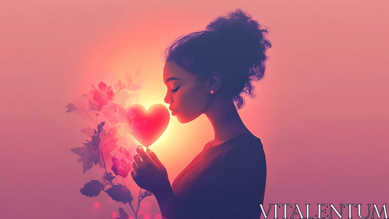 Woman Holding Glowing Heart with Luminous Flowers.