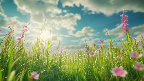 Low-angle sunlit wildflower meadow under cumulus spring sky