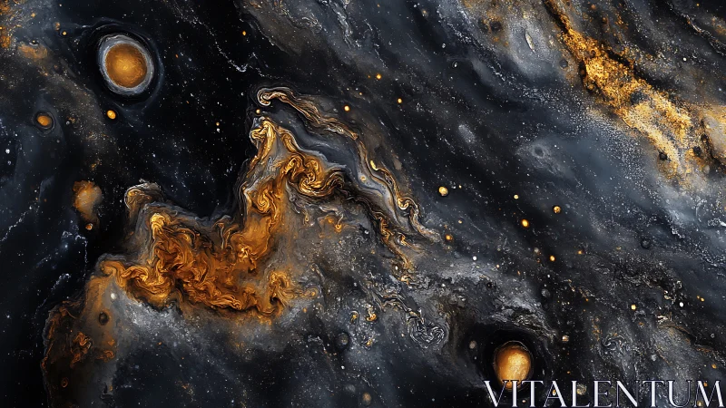 Metallic black and gold abstract fluid cosmic swirl art.