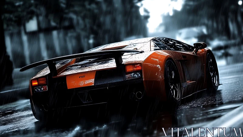 Orange supercar powers through wet city street in rain