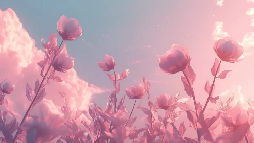 Digitally Rendered Flower Field with Atmospheric Lighting and Chromatic Bloom Effects