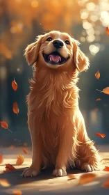 Digital painting of golden retriever in autumnal bokeh light.