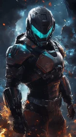 Armored sci fi soldier amid burning cosmic battlefield.