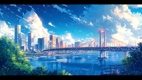 High-chroma river cityscape with suspension bridge under cumulus sky