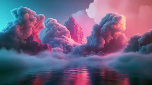 Neon clouds drift around glowing peaks above calm waters.