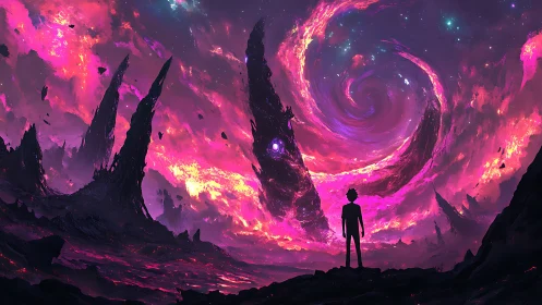 Stargazer standing beneath a swirling cosmic sky.