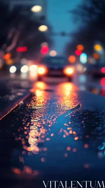 Soft city lights glowing on a rainy blue evening street.