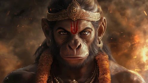 Majestic warrior deity bathed in glowing golden firelight.