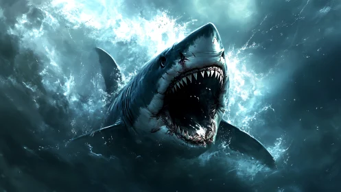 Digital painting of lunging shark amid fractured ocean spray.