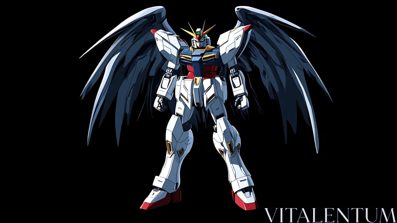 Winged humanoid mecha with articulated armor arrays on black.