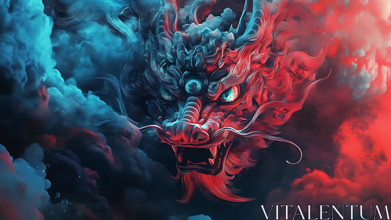 Fiery celestial dragon emerges from swirling neon storm.