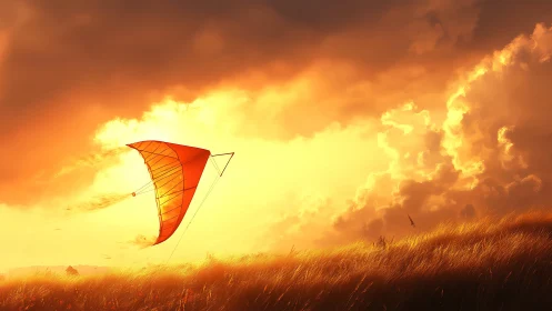 Red kite drifts across a radiant golden sunset sky.