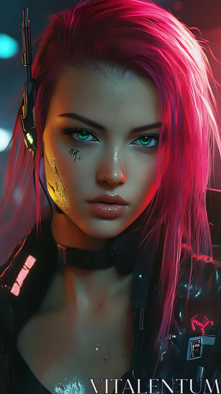 Cyberpunk operative portrait with neon pink hair focus.