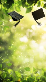 Graduation caps drifting through sunlit forest glow.