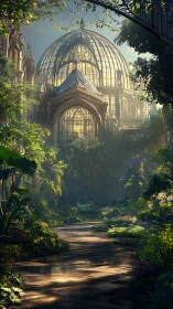 Sunlit glass cathedral cradled by overgrown secret garden.