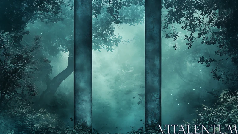 Misty forest gateway invites wanderers through quiet stone pillars