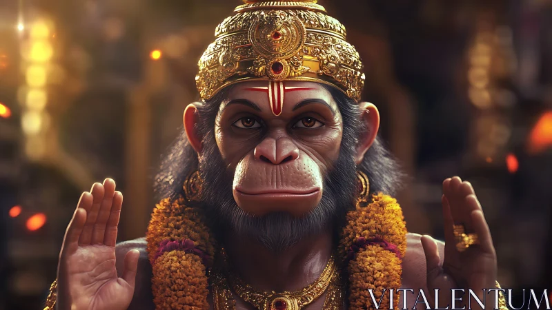 Simian deity figure in ornate gold crown and garlands.