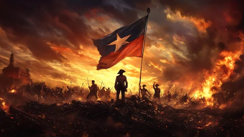 Revolutionary forces rally around flag amid burning cityscape