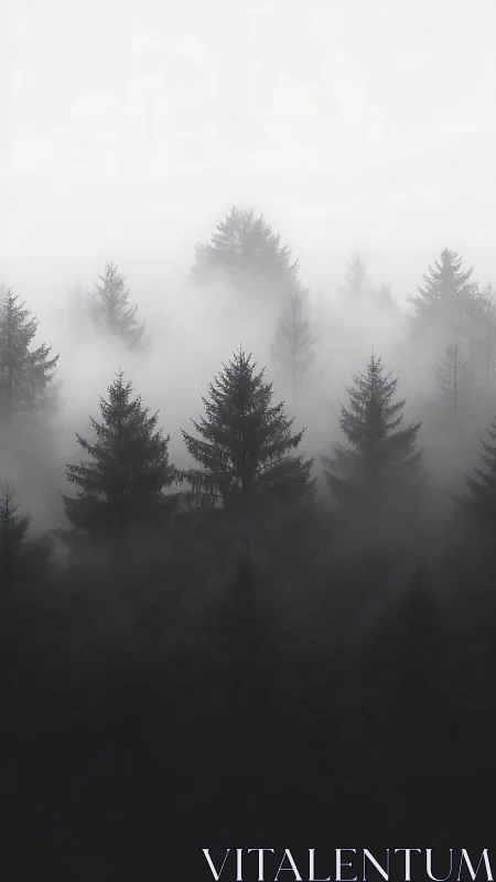 Fog-drenched conifer forest in high-contrast monochrome study.