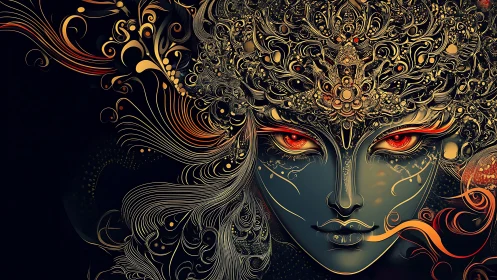 Mythic goddess portrait in ornate gold filigree mask design.