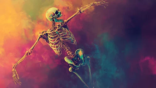 Joyriding skeleton dancing through neon cosmic haze.
