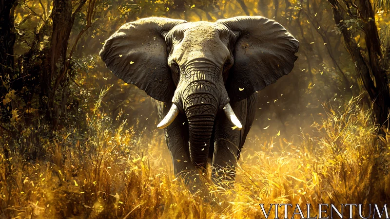 Majestic elephant strides through golden forest light.
