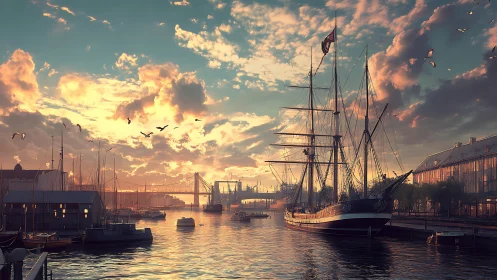 Golden-hour harbor with tall ship and glowing cloudscape.