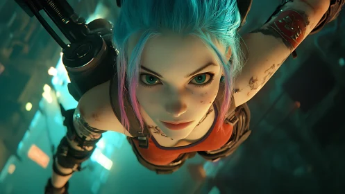 Cyberpunk heroine diving through neon industrial skyline.