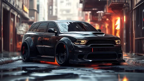 Widebody black SUV prowls neon wet alley at dusk.