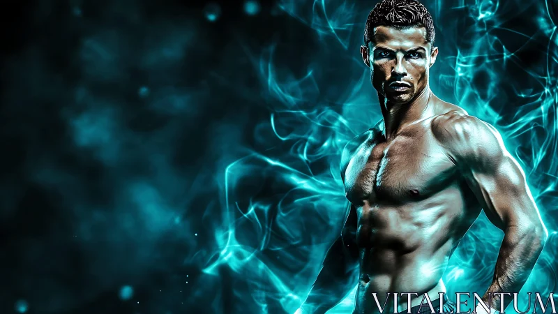 Digitally enhanced male torso rendered amid cyan light effects