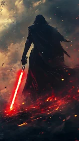 Dark warrior with red energy blade on burning ground.