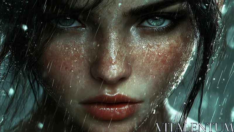 Intense blue-eyed woman stares through driving rainstorm.