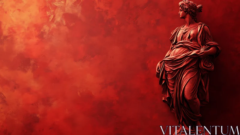 Classical statue stands against a bold red abstract sky
